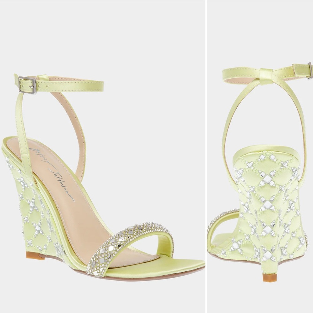 Betsy Johnson SB Simon Lime Satin Strappy Wedge Heels, Size 8.5